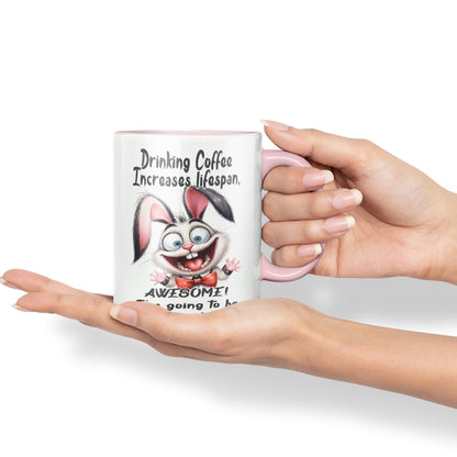 Drinking Coffee Increases lifespan Awesome! I'm Going to be Immortal, Rabbit Hare Joke sarkasm Sarcastic Ceramic Coloured Mug Cup for Tea Coffee Hot Brew 330ml 11Oz Gift