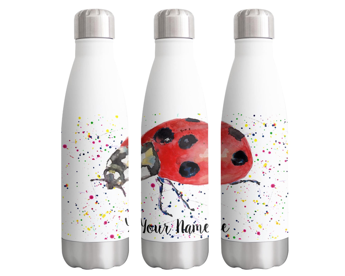 Vixar Ladybird Personalised Custom Bottle with your Text/name Watercolour Art Lady Bug wildlife animal Bottle double Wall insulated Stainless steel sport Drinks 500ml