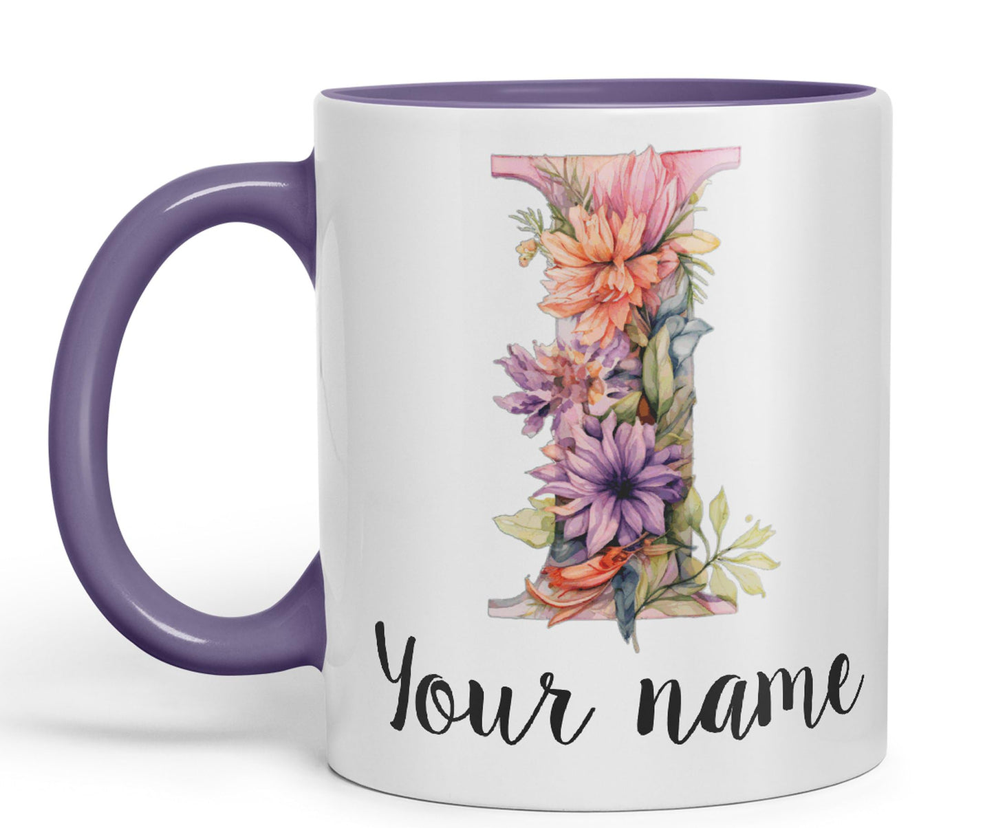 Personalised Letter I mug, Customized Custom Floral flowers butterfly Alphabet Letter I Monogram watercolour Ceramic Coloured Mug Cup for Tea Coffee Hot brew 330ml 11Oz Gift