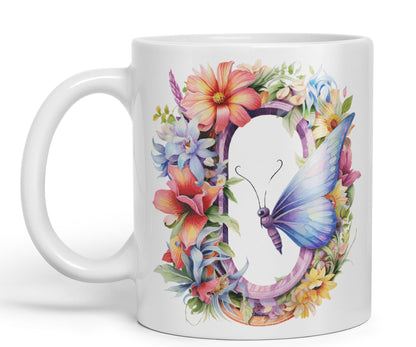 Letter O mug, Floral flowers butterfly Alphabet Letter O Monogram watercolour Ceramic Coloured Mug Cup for Tea Coffee Hot brew 330ml 11Oz Gift
