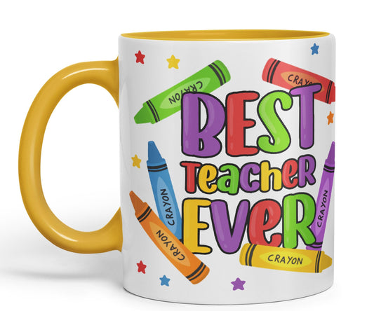 Vixar Best Teacher Ever Crayons, Ceramic 330 ml 11oz Coloured Mug Cup, Teacher Gift from Kids, School Gift, end of Year for Coffee Tea (T5)