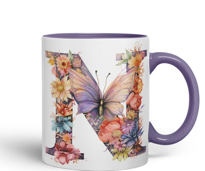 Letter N mug, Floral flowers butterfly Alphabet Letter N Monogram watercolour Ceramic Coloured Mug Cup for Tea Coffee Hot brew 330ml 11Oz Gift