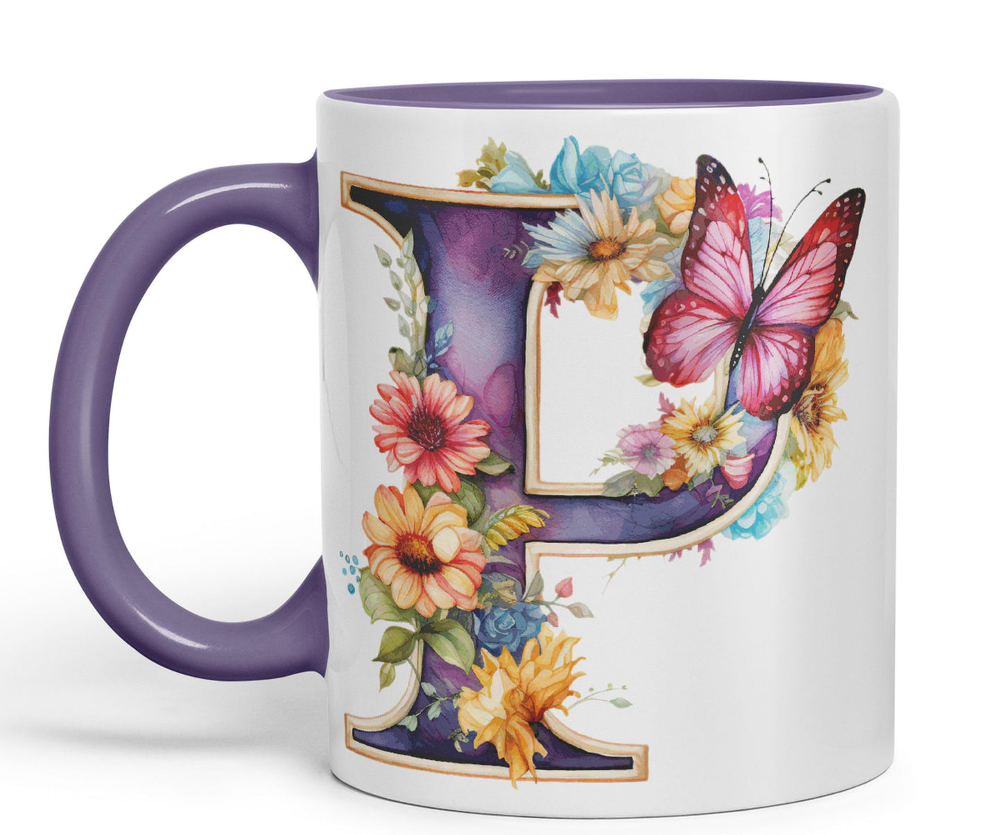 Letter P mug, Floral flowers butterfly Alphabet Letter P Monogram watercolour Ceramic Coloured Mug Cup for Tea Coffee Hot brew 330ml 11Oz