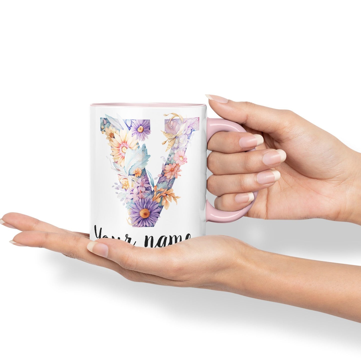 Personalised Letter V mug, Customized Custom Floral flowers butterfly Alphabet Letter V Monogram watercolour Ceramic Coloured Mug Cup for Tea Coffee Hot brew 330ml 11Oz Gift