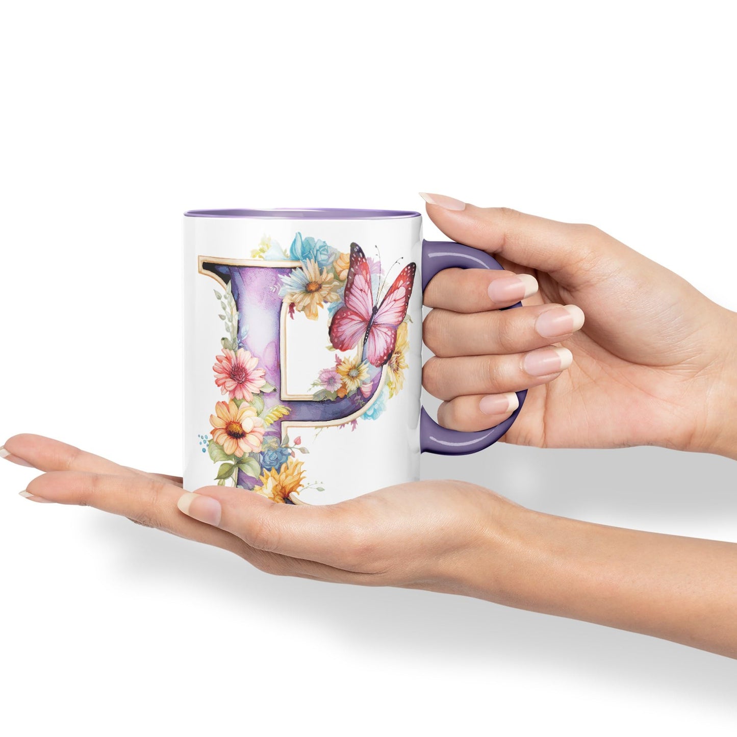Letter P mug, Floral flowers butterfly Alphabet Letter P Monogram watercolour Ceramic Coloured Mug Cup for Tea Coffee Hot brew 330ml 11Oz