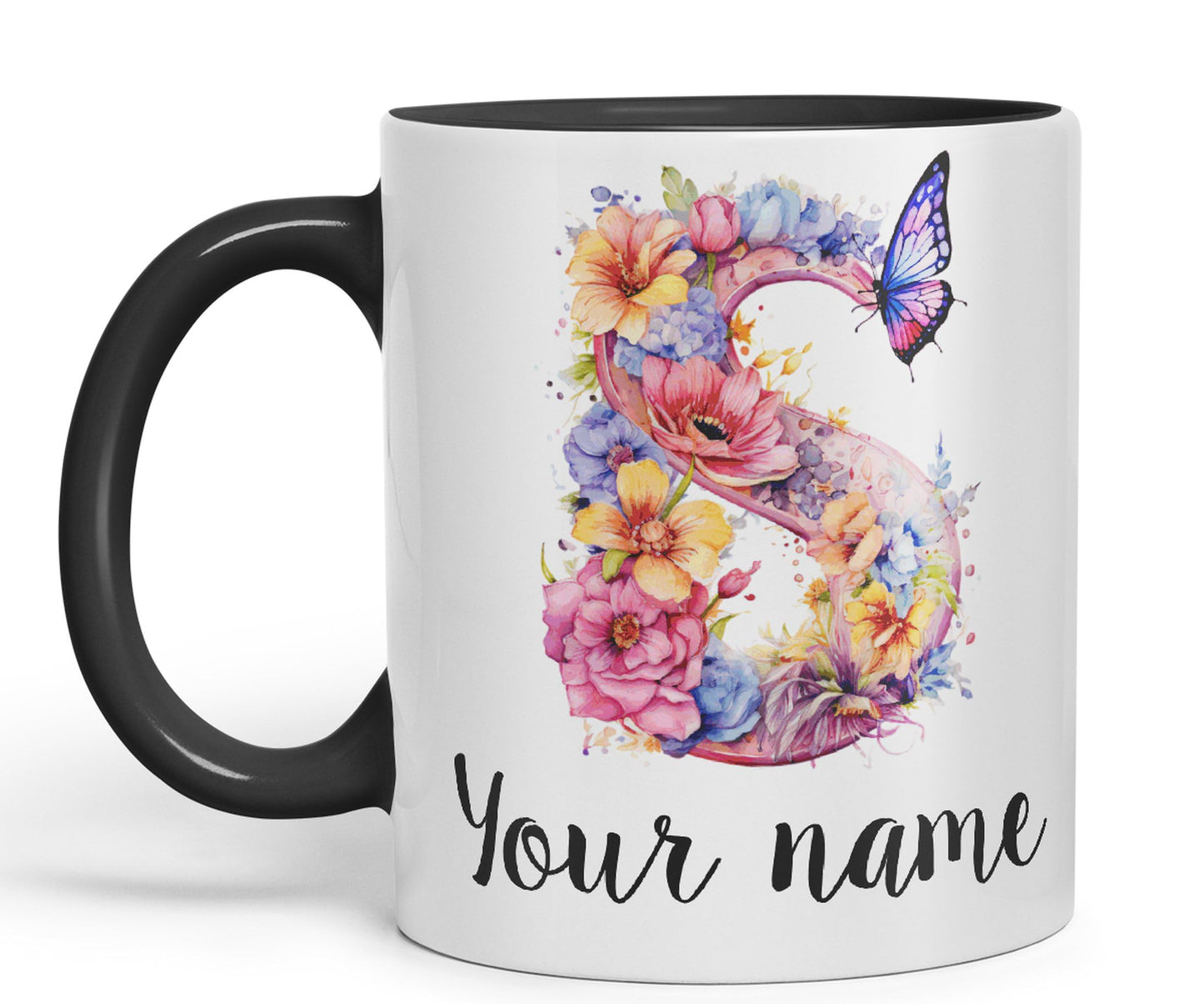 Personalised Letter S mug, Customized Custom Floral flowers butterfly Alphabet Letter S Monogram watercolour Ceramic Coloured Mug Cup for Tea Coffee Hot brew 330ml 11Oz Gift