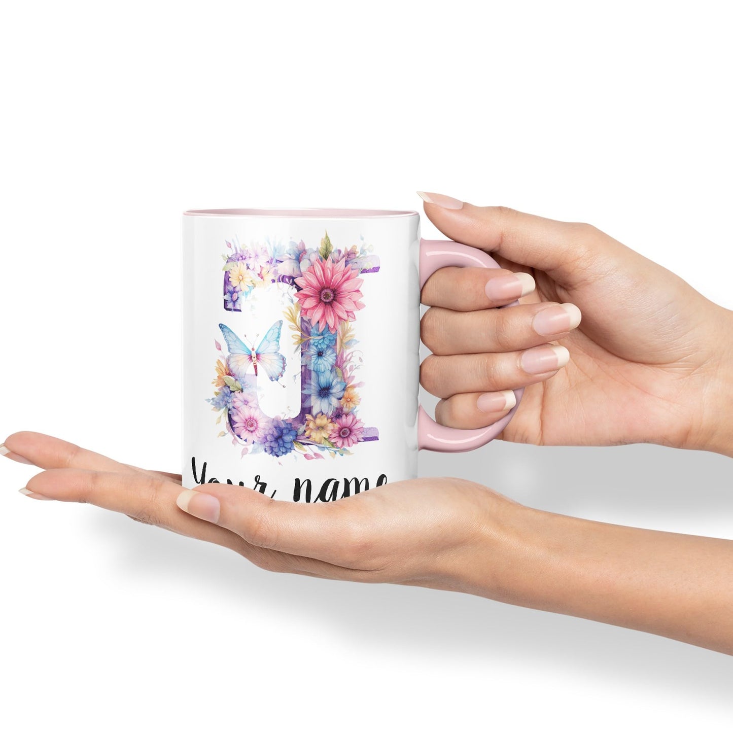 Personalised Letter J mug, Customized Custom Floral flowers butterfly Alphabet Letter J Monogram watercolour Ceramic Coloured Mug Cup for Tea Coffee Hot brew 330ml 11Oz Gift