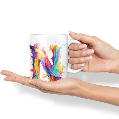 Letter N mug, Alphabet Letter N Monogram watercolour Ceramic Coloured Mug Cup for Tea Coffee Hot brew 330ml 11Oz Gift