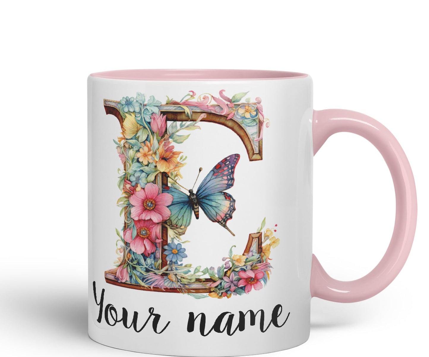 Personalised Letter E mug, Customized Custom Floral flowers butterfly Alphabet Letter E Monogram watercolour Ceramic Coloured Mug Cup for Tea Coffee Hot brew 330ml 11Oz Gift