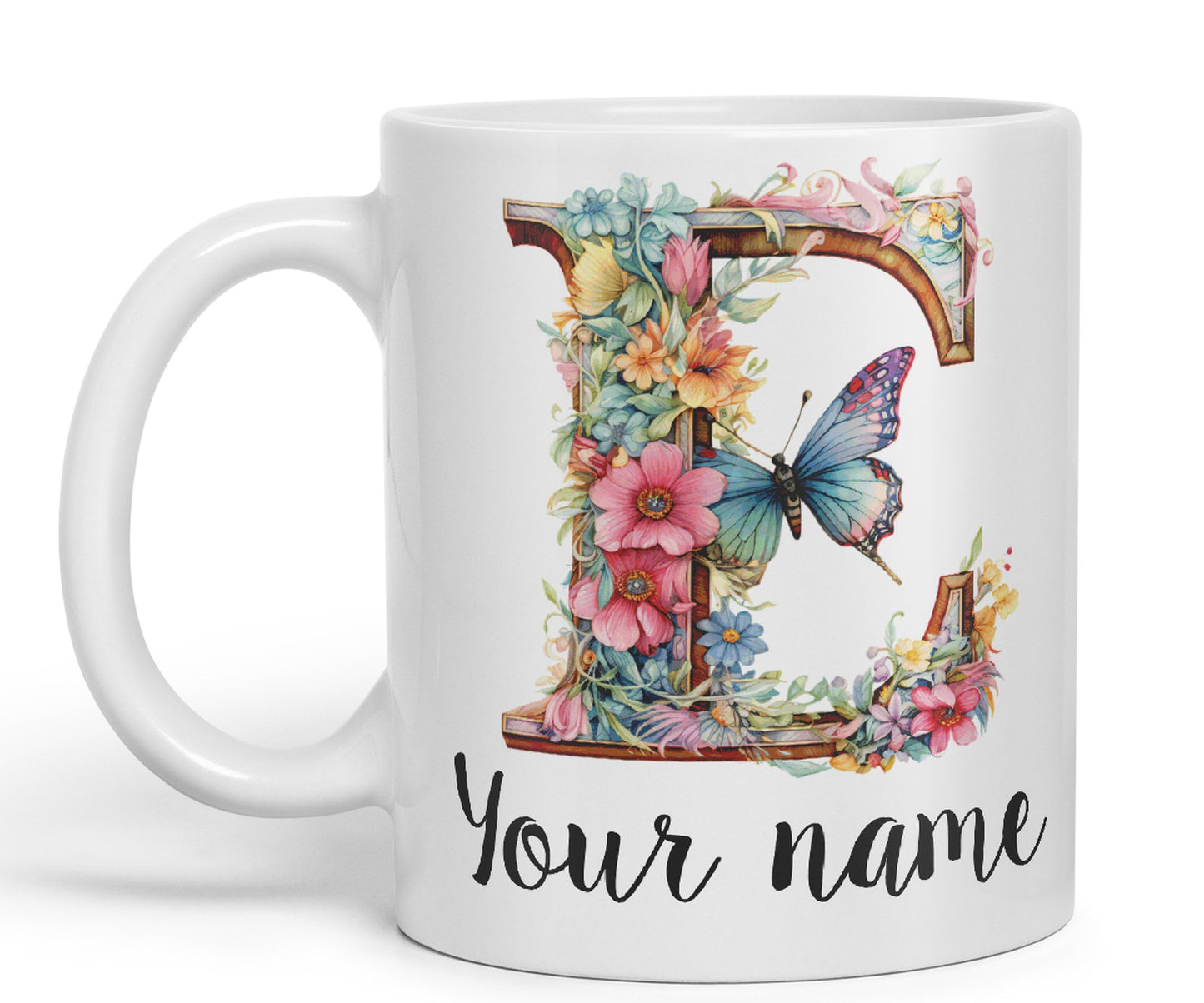 Personalised Letter E mug, Customized Custom Floral flowers butterfly Alphabet Letter E Monogram watercolour Ceramic Coloured Mug Cup for Tea Coffee Hot brew 330ml 11Oz Gift