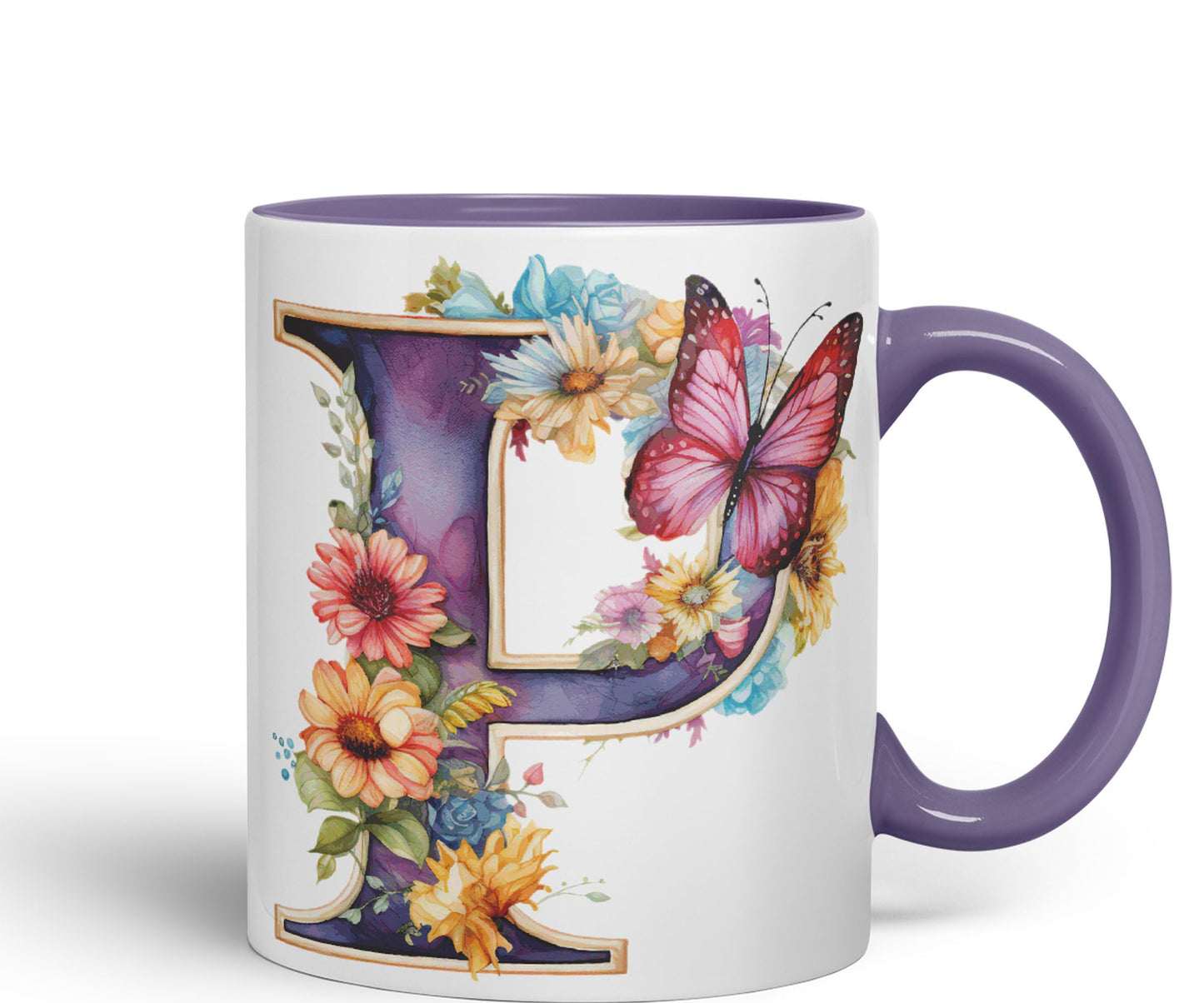 Letter P mug, Floral flowers butterfly Alphabet Letter P Monogram watercolour Ceramic Coloured Mug Cup for Tea Coffee Hot brew 330ml 11Oz