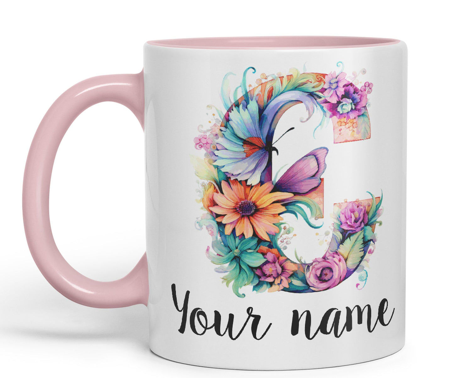 Personalised Letter C mug, Customized Custom Floral flowers butterfly Alphabet Letter C Monogram watercolour Ceramic Coloured Mug Cup for Tea Coffee Hot brew 330ml 11Oz Gift