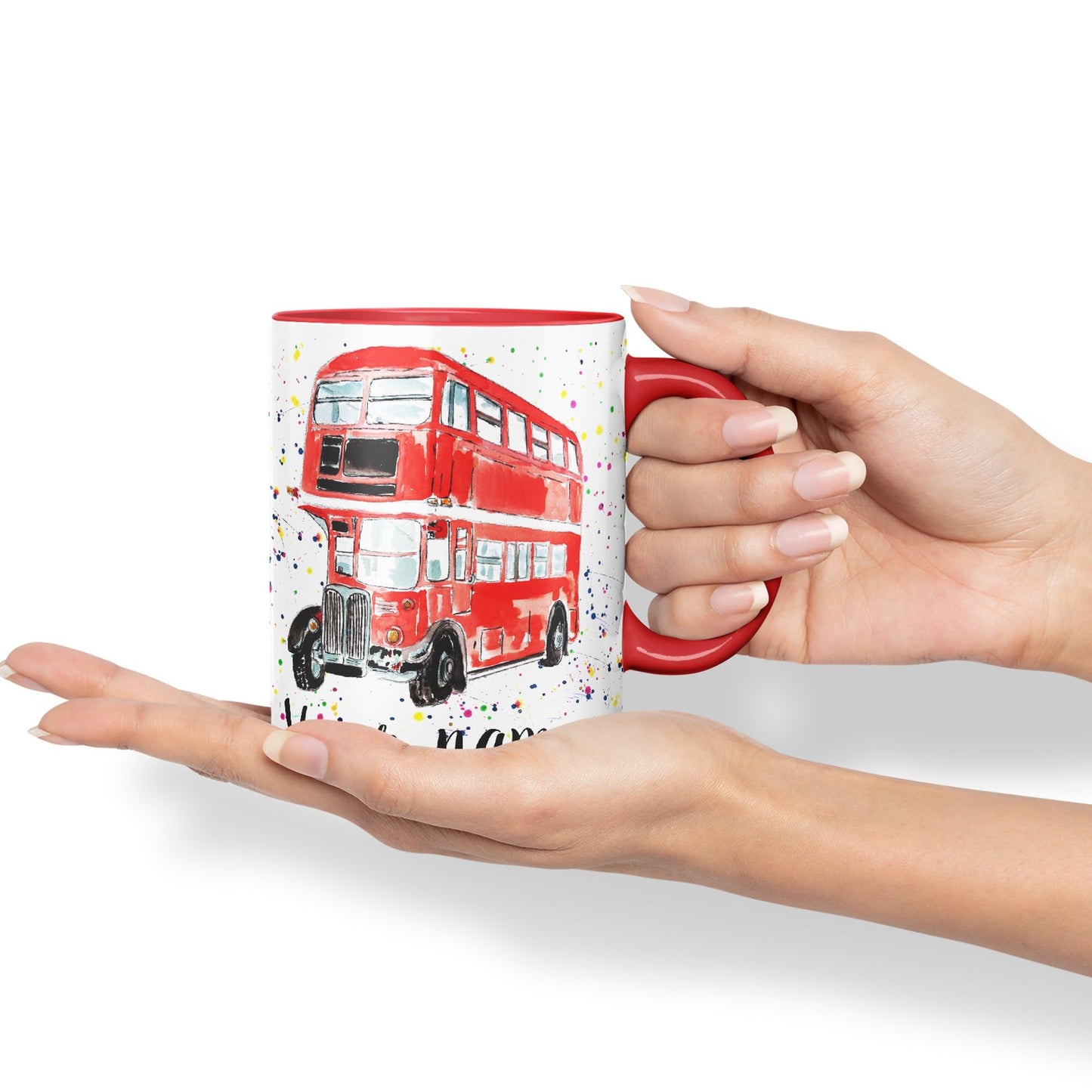 Vixar Personalised with Your Text Red Bus Classic London Busses Watercolour Art Coloured Ceramic Mug Cup Gift 330ml 11oz Custom Work Office Tea Coffe