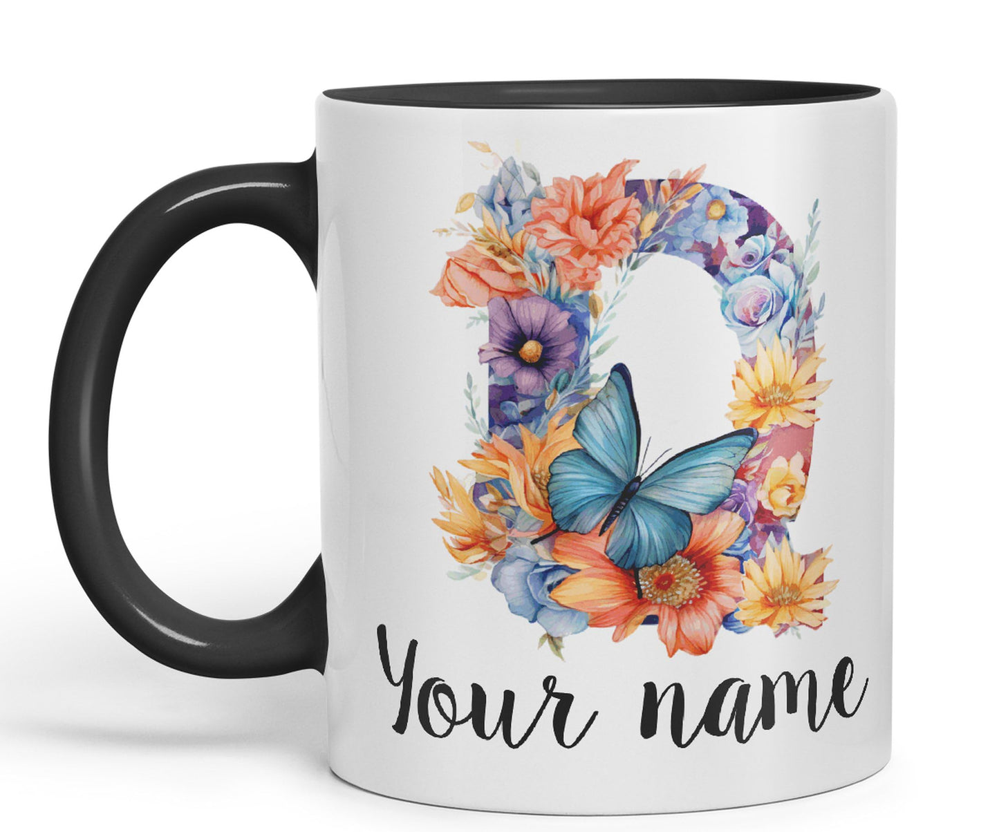 Personalised Letter Q mug, Customized Custom Floral flowers butterfly Alphabet Letter Q Monogram watercolour Ceramic Coloured Mug Cup for Tea Coffee Hot brew 330ml 11Oz Gift