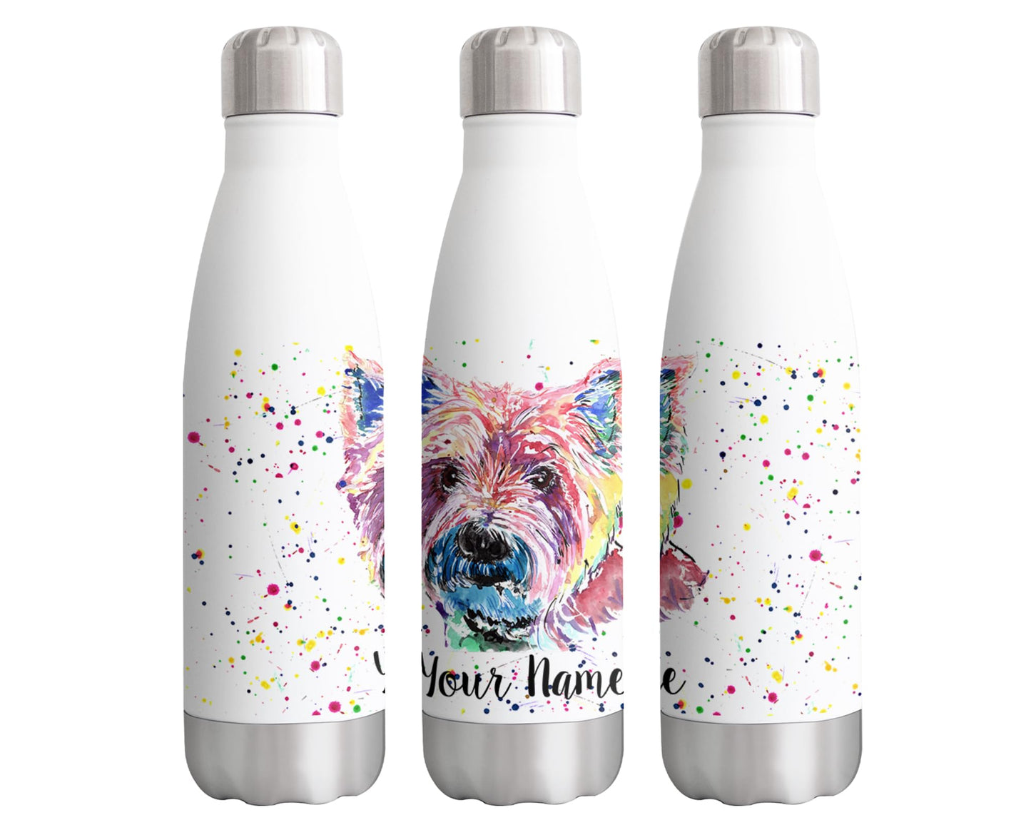 West Highland Terrier Personalised Custom Bottle with Your Text/Name Scottish Dog pet Animal Watercolour Bottle Double Wall Insulated Stainless Steel Sport Drinks 500ml