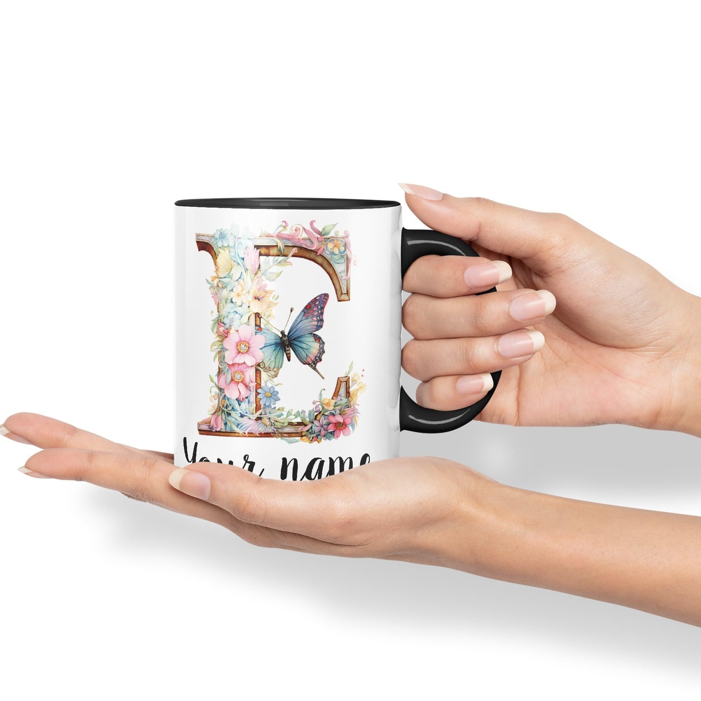 Personalised Letter E mug, Customized Custom Floral flowers butterfly Alphabet Letter E Monogram watercolour Ceramic Coloured Mug Cup for Tea Coffee Hot brew 330ml 11Oz Gift