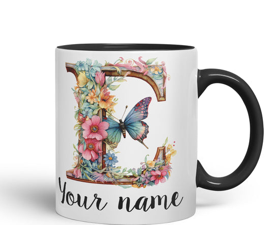 Personalised Letter E mug, Customized Custom Floral flowers butterfly Alphabet Letter E Monogram watercolour Ceramic Coloured Mug Cup for Tea Coffee Hot brew 330ml 11Oz Gift