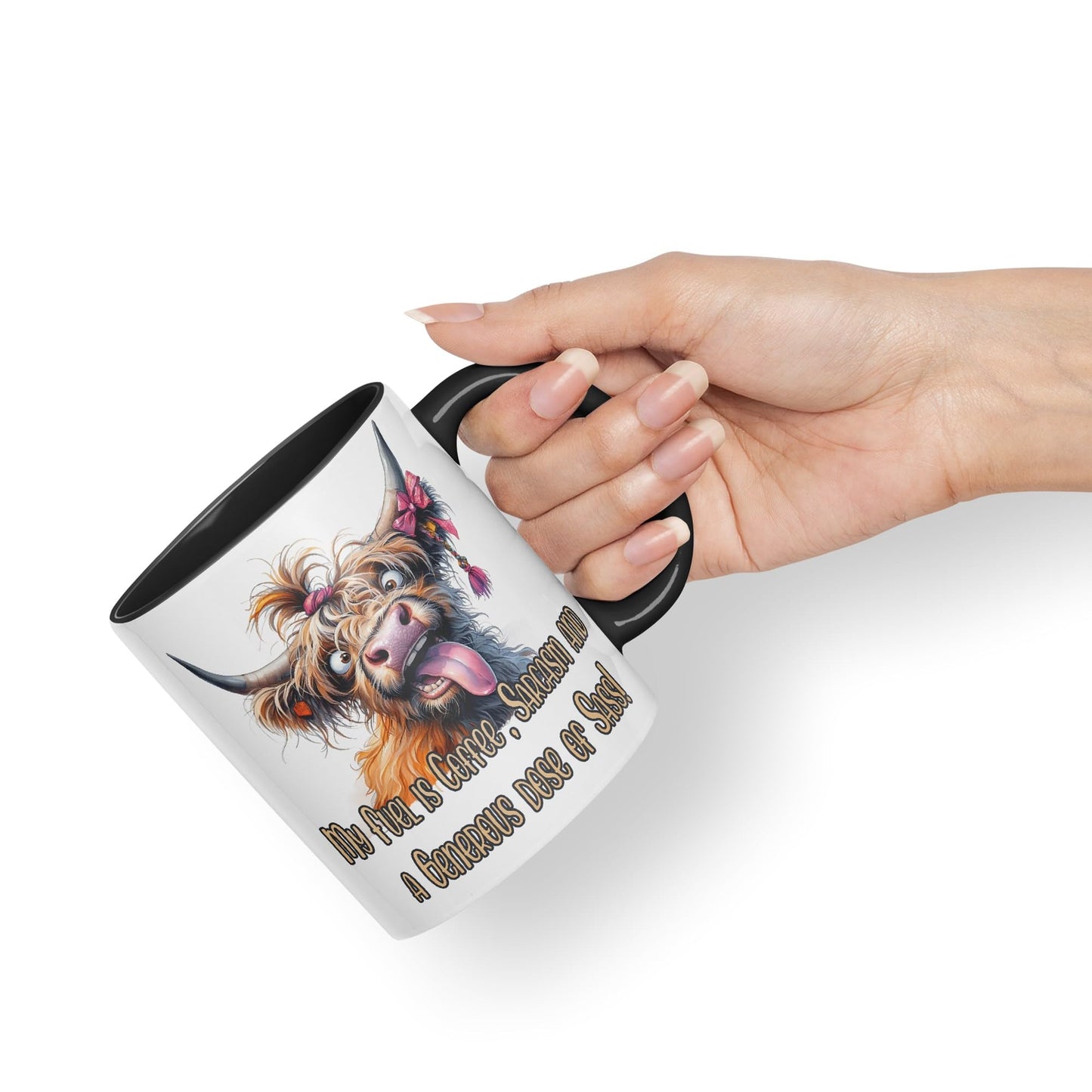 My Fuel is Coffee, Sarcasm and a Generous dose of Sass! Cow higland Joke sarkasm Sarcastic Ceramic Coloured Mug Cup for Tea Coffee Hot Brew 330ml 11Oz Gift