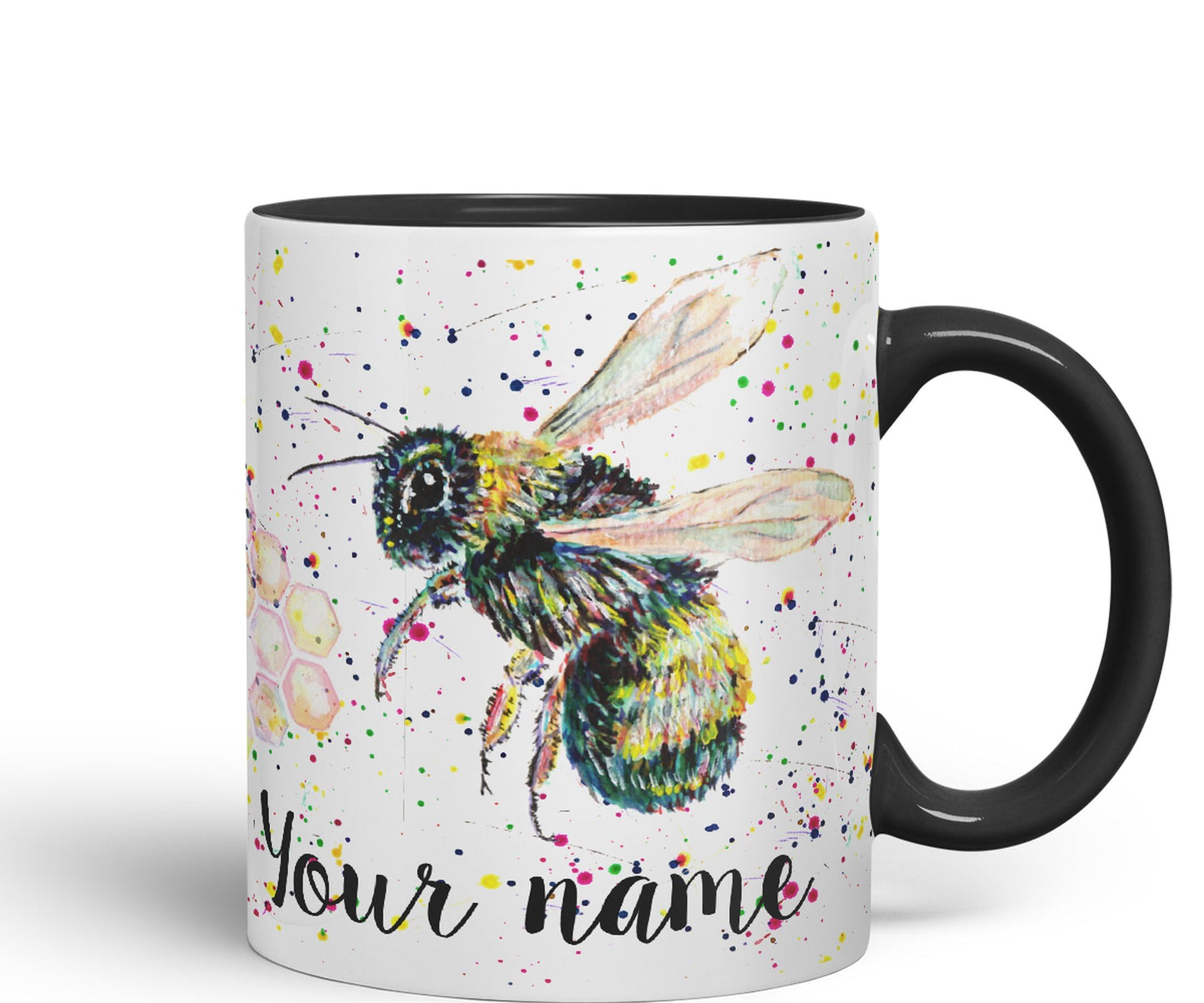 Personalised mug with Your Text name Bees bee Honeycomb animals Watercolour Art Coloured Ceramic Mug Cup Gift 330ml 11oz Custom Work Office Tea Coffee