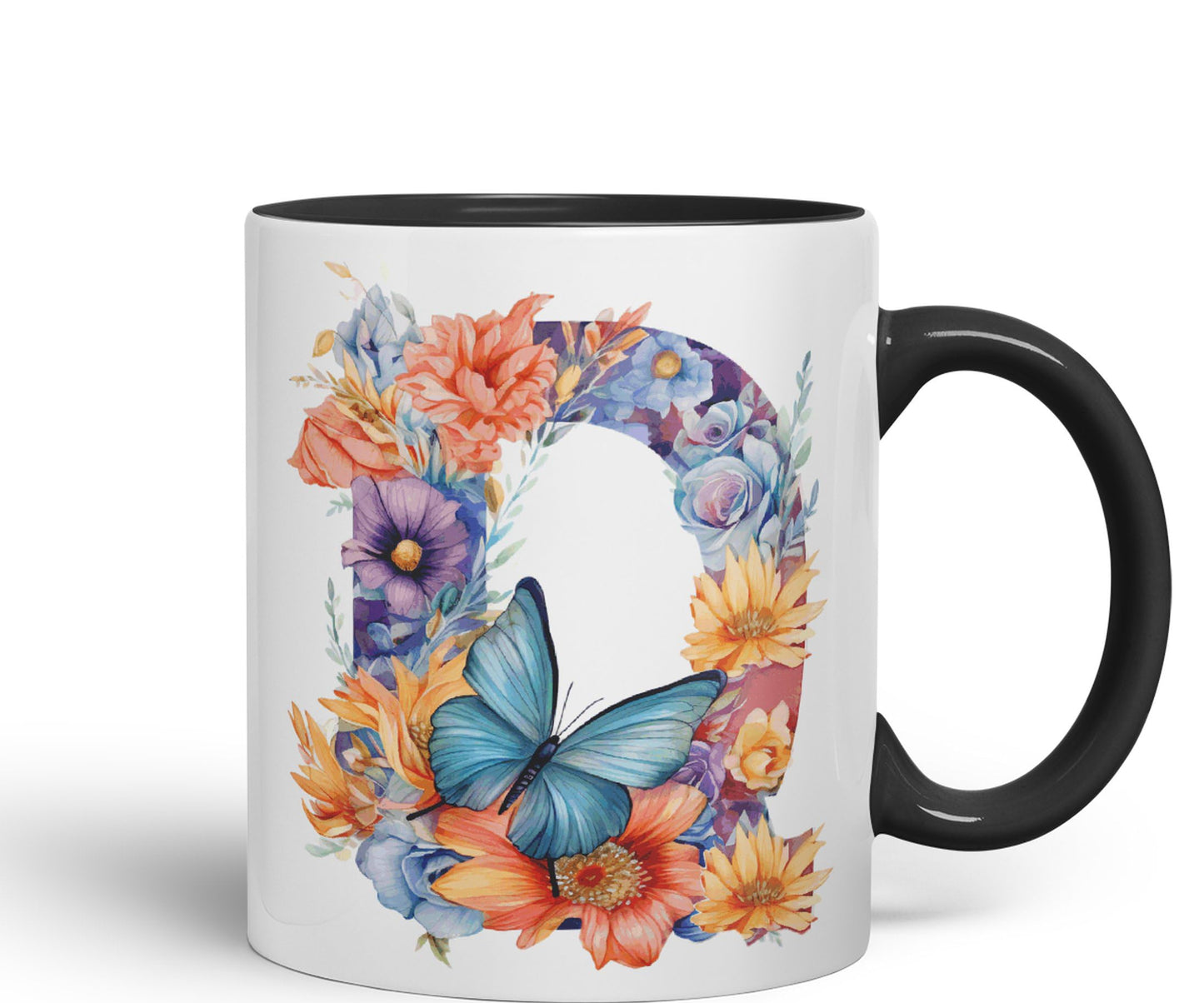 Letter Q mug, Floral flowers butterfly Alphabet Letter Q Monogram watercolour Ceramic Coloured Mug Cup for Tea Coffee Hot brew 330ml 11Oz Gift