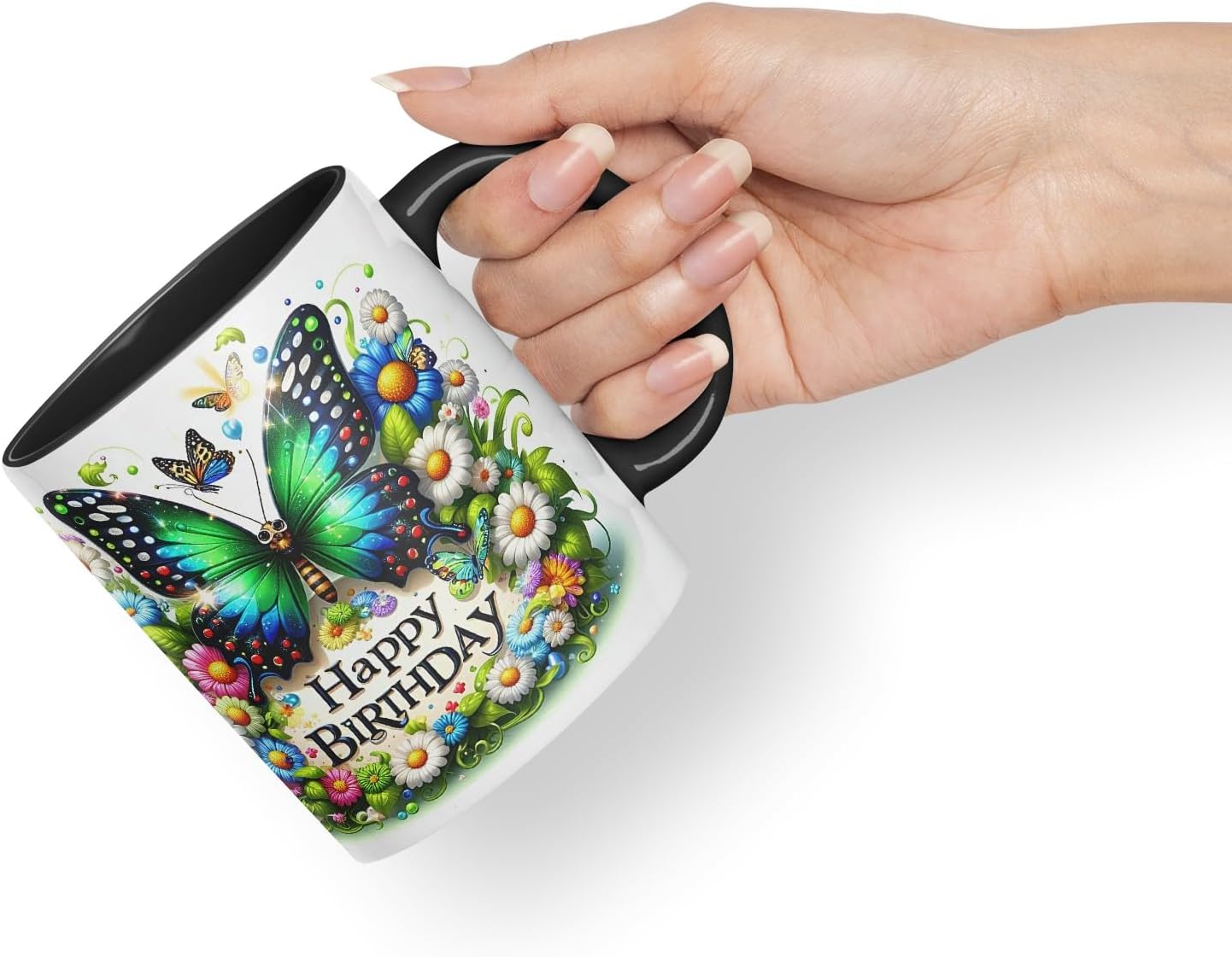 Vixar Happy Birthday Green Butterfly Daisies Coloured Ceramic Mug Cup Gift 11oz V8 (Black)