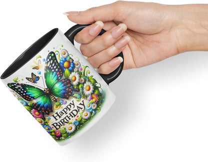 Vixar Happy Birthday Green Butterfly Daisies Coloured Ceramic Mug Cup Gift 11oz V8 (Black)