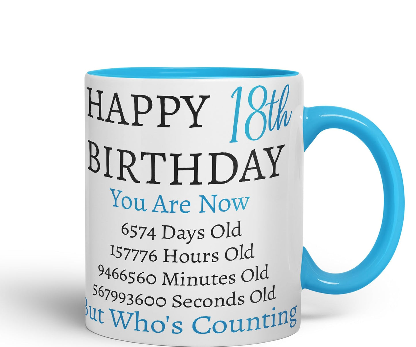 Vixar But Who's Counting Happy 18th Birthday Ceramic Coloured Mug Cup Gift Days Hours Minutes (Blue)