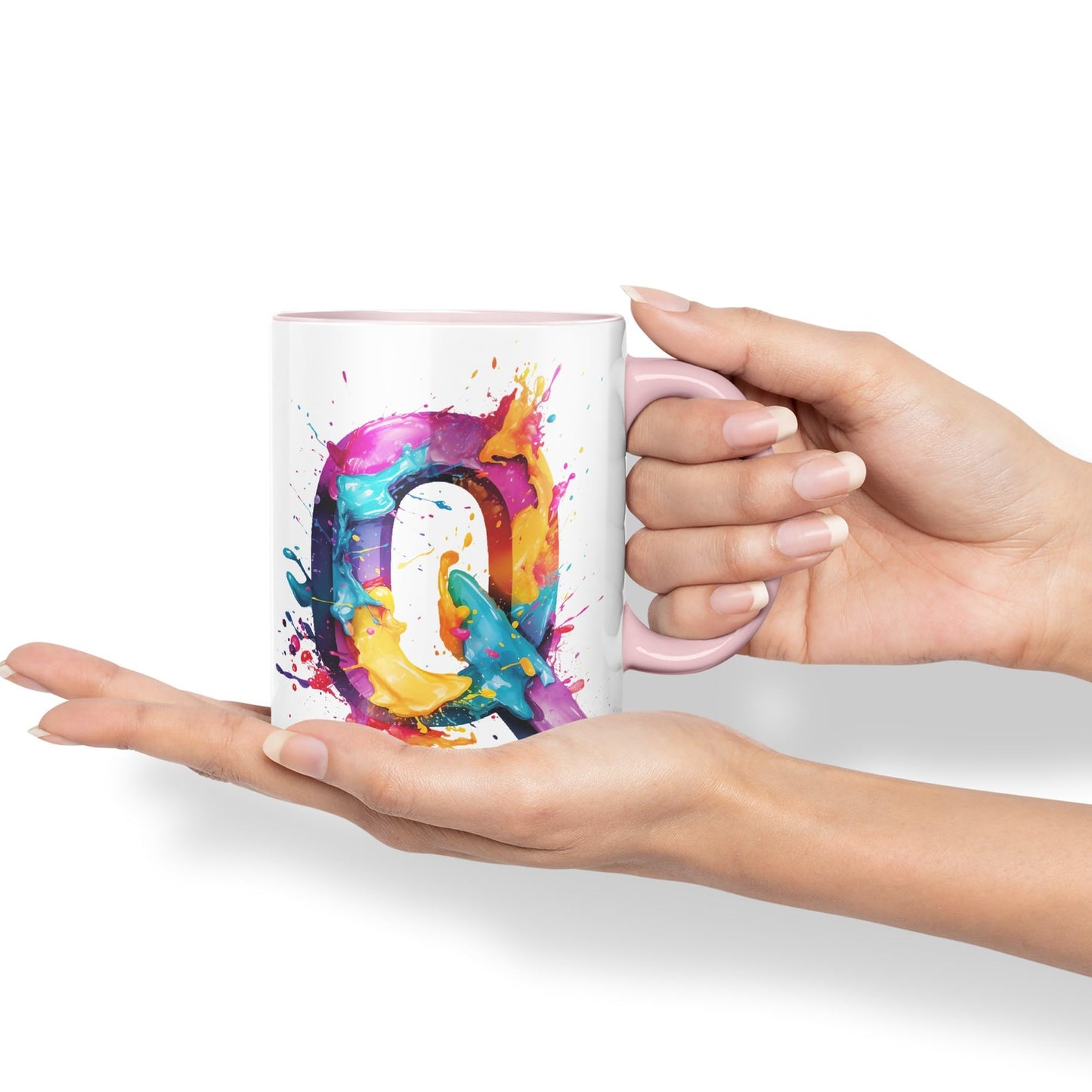 Letter Q mug, Alphabet Letter Q Monogram watercolour Ceramic Coloured Mug Cup for Tea Coffee Hot brew 330ml 11Oz Gift