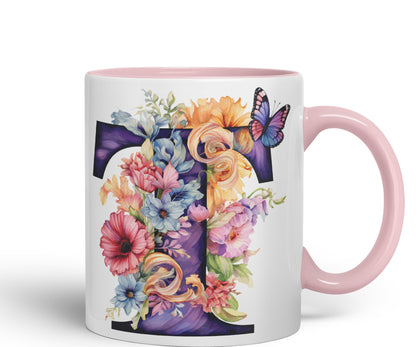Letter T mug, Floral flowers butterfly Alphabet Letter T Monogram watercolour Ceramic Coloured Mug Cup for Tea Coffee Hot brew 330ml 11Oz Gift