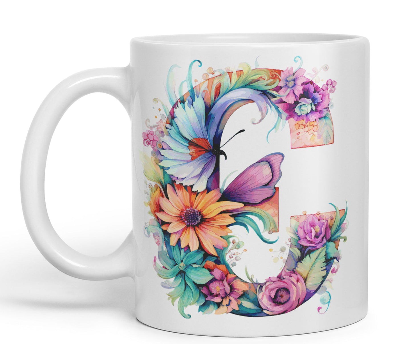 Letter C mug, Floral flowers butterfly Alphabet Letter C Monogram watercolour Ceramic Coloured Mug Cup for Tea Coffee Hot brew 330ml 11Oz Gift