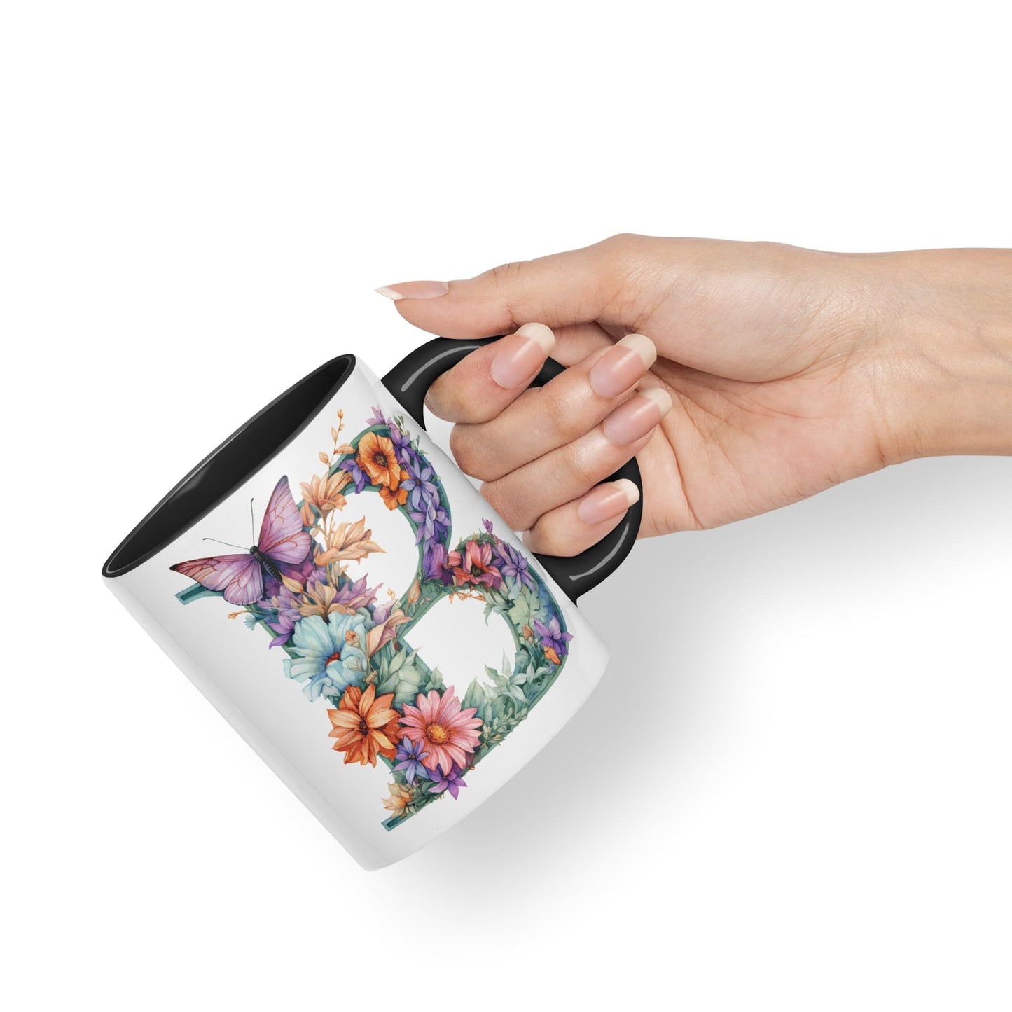Letter B mug, Floral flowers butterfly Alphabet Letter B Monogram watercolour Ceramic Coloured Mug Cup for Tea Coffee Hot brew 330ml 11Oz Gift