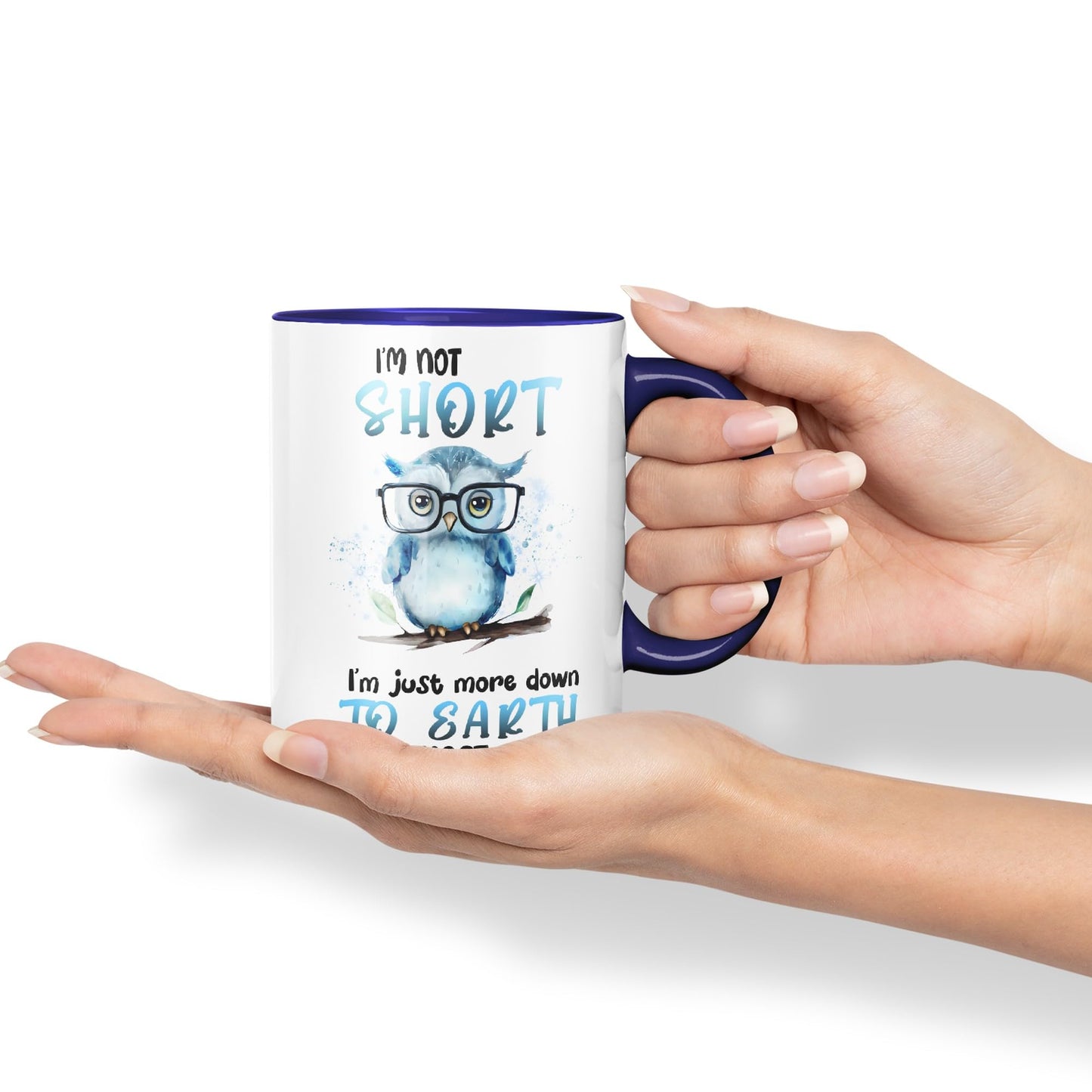 Vixar I'm Not Short, I'm just More Down to Earth Than Most People, owl Sarcastic Joke Ceramic Coloured Mug Cup for Tea Coffee Hot Brew 330ml 11Oz