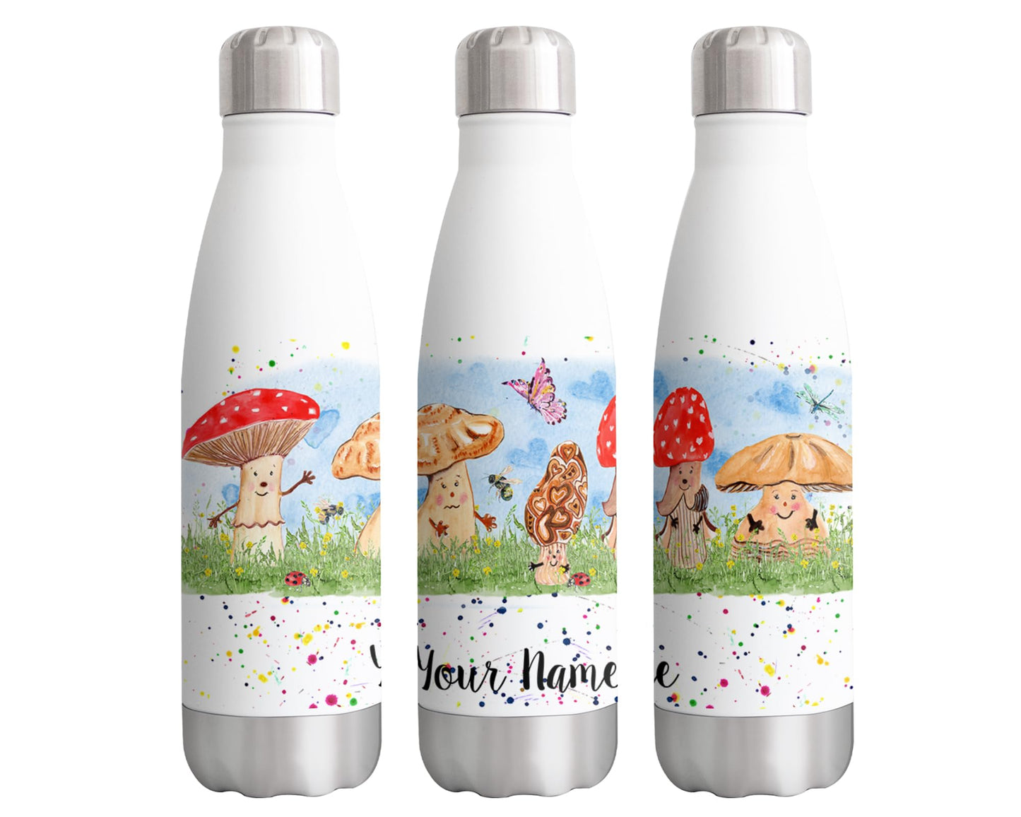 Vixar Mushrooms Red Personalised Custom Bottle with your Text/nameMushroom Watercolour Bottle Double Wall Insulated Stainless Steel Sport Drinks 500ml