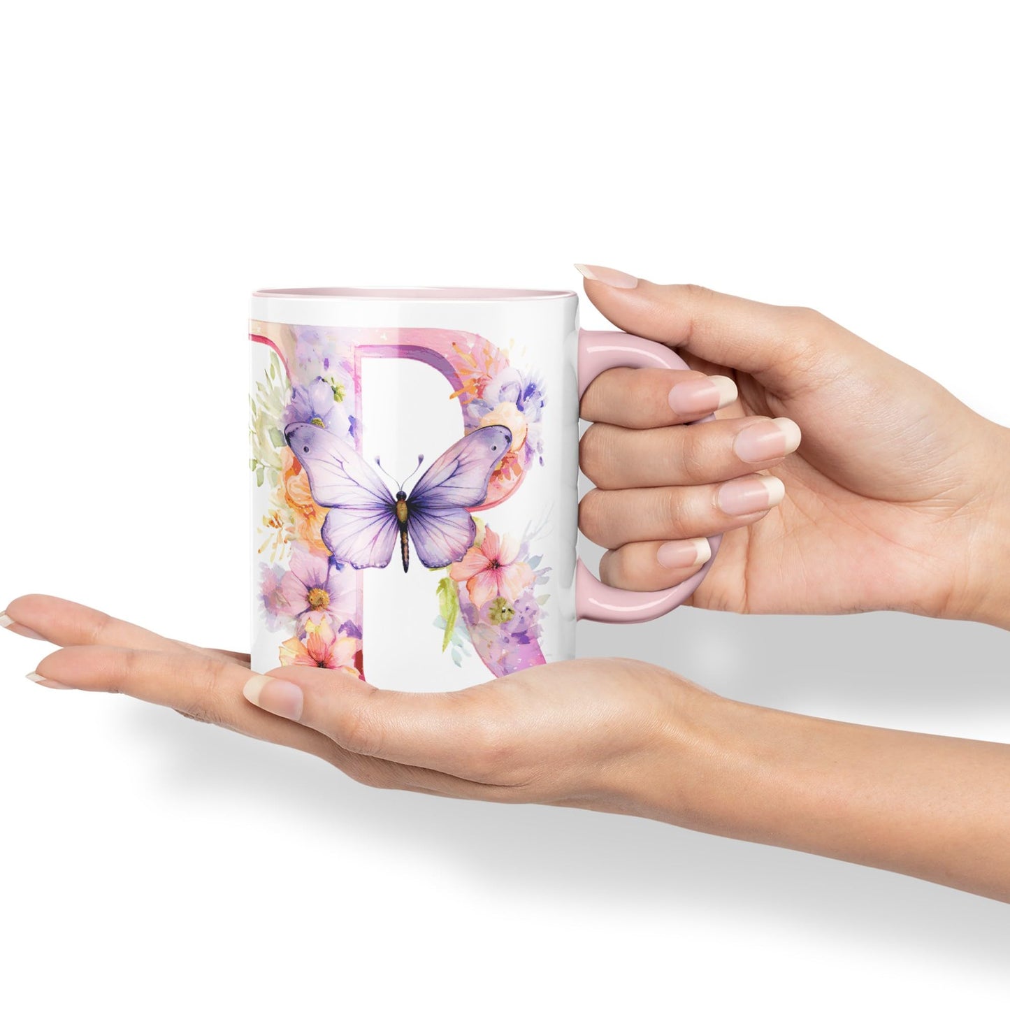 Letter R mug, Floral flowers butterfly Alphabet Letter R Monogram watercolour Ceramic Coloured Mug Cup for Tea Coffee Hot brew 330ml 11Oz Gift