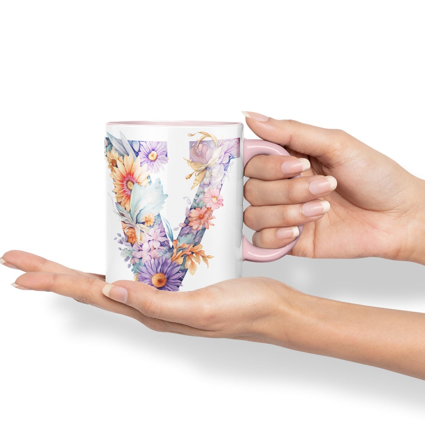 Letter V mug, Floral flowers butterfly Alphabet Letter V Monogram watercolour Ceramic Coloured Mug Cup for Tea Coffee Hot brew 330ml 11Oz Gift