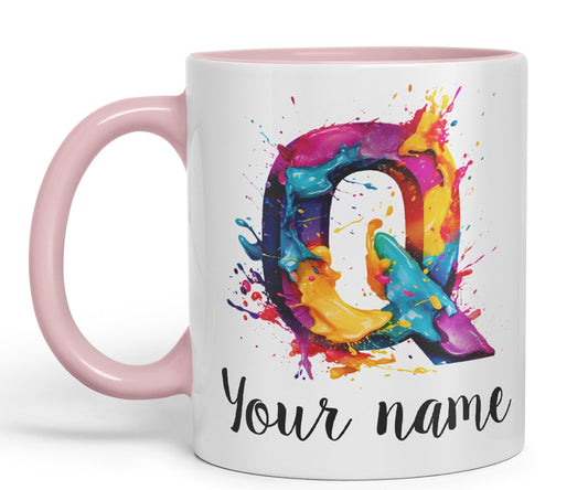 Personalised Letter Q mug, Alphabet cusomized custom Letter Q Monogram watercolour Ceramic Coloured Mug Cup for Tea Coffee Hot brew 330ml 11Oz Gift