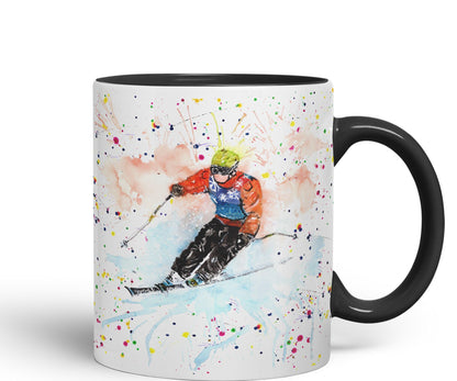 Skiing Ski winter sport watercolour Ceramic Coloured Mug Cup for Tea Coffee Hot brew 330ml 11Oz Gift