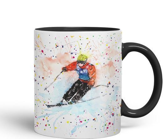 Skiing Ski winter sport watercolour Ceramic Coloured Mug Cup for Tea Coffee Hot brew 330ml 11Oz Gift