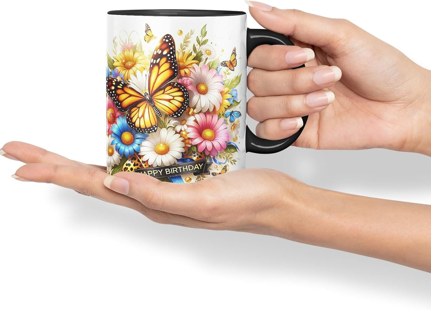 Vixar Happy Birthday Golden Butterfly Daisies Coloured Ceramic Mug Cup Gift 11oz V11 (Black)