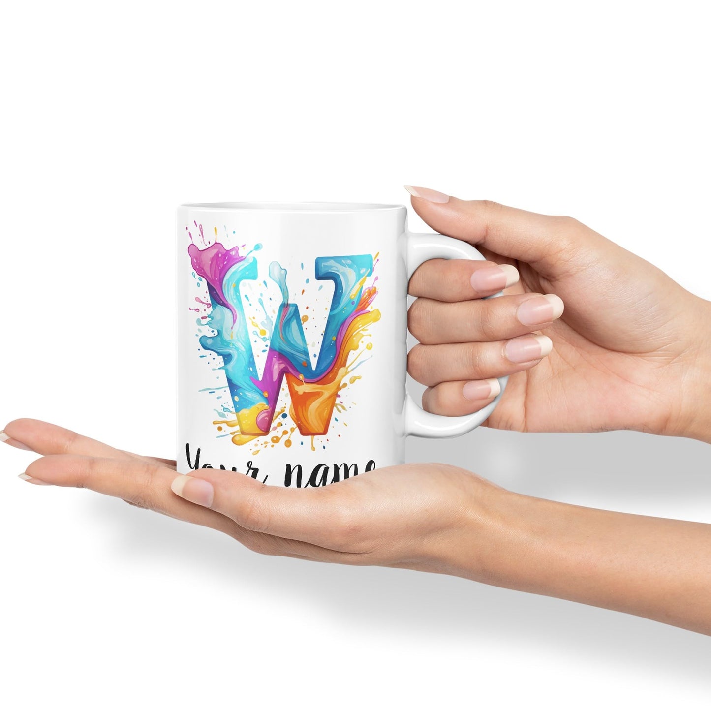 Personalised Letter W mug, Alphabet cusomized custom Letter W Monogram watercolour Ceramic Coloured Mug Cup for Tea Coffee Hot brew 330ml 11Oz Gift