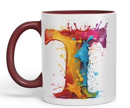 Letter T mug, Alphabet Letter T Monogram watercolour Ceramic Coloured Mug Cup for Tea Coffee Hot brew 330ml 11Oz Gift