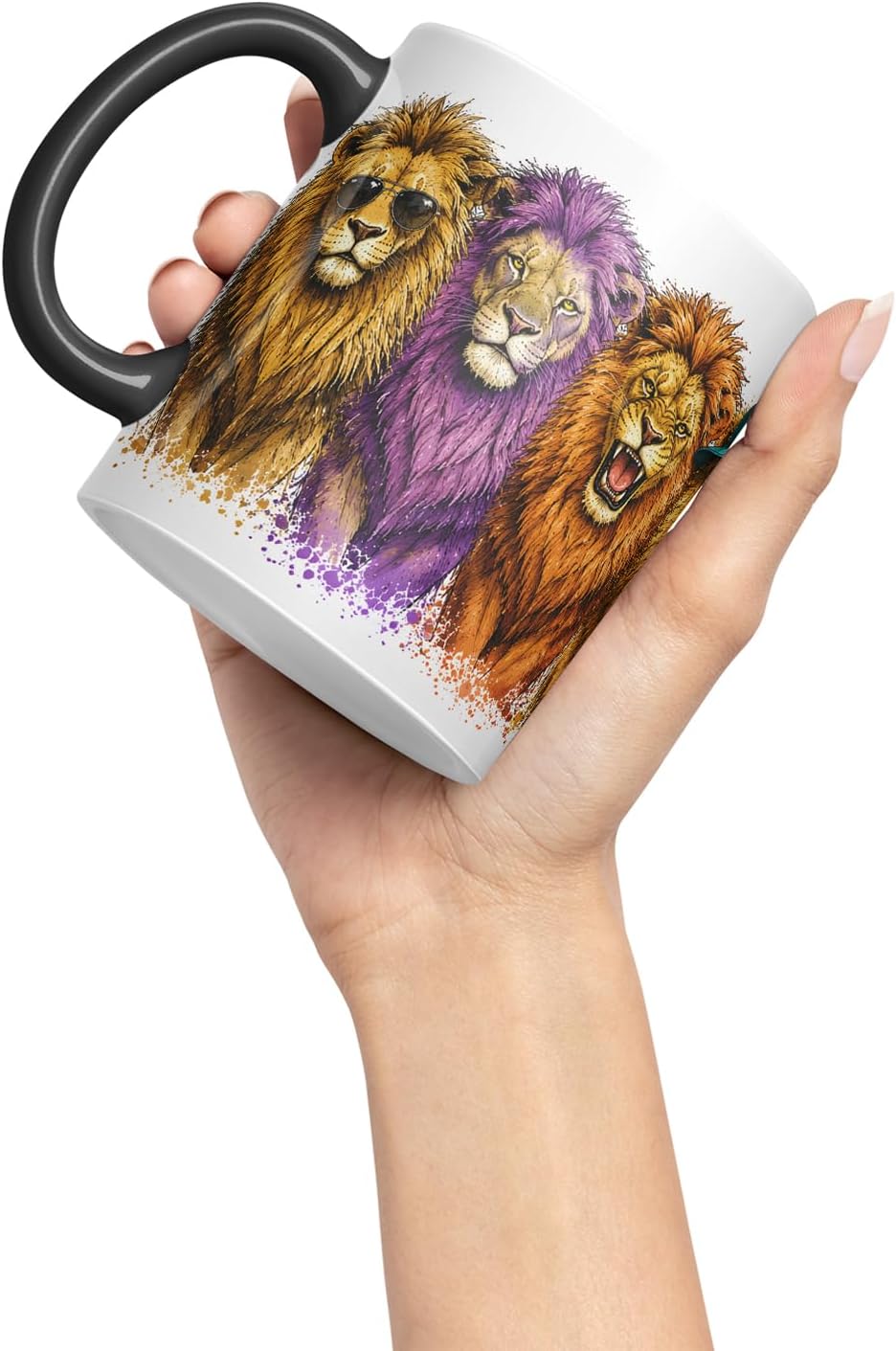 Lion Mug – Cute Lion Animal Coloured Ceramic Mug Cup Gift, 11oz (Black)
