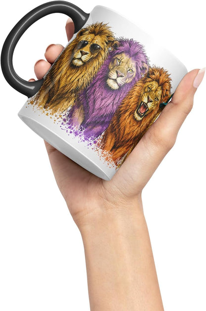 Lion Mug – Cute Lion Animal Coloured Ceramic Mug Cup Gift, 11oz (Black)