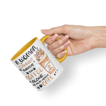 Vixar A Woman Cannot Survive on Coffee Cats Sarcastic Joke Ceramic Coloured Mug Cup for Tea Coffee Hot Brew 330ml 11Oz