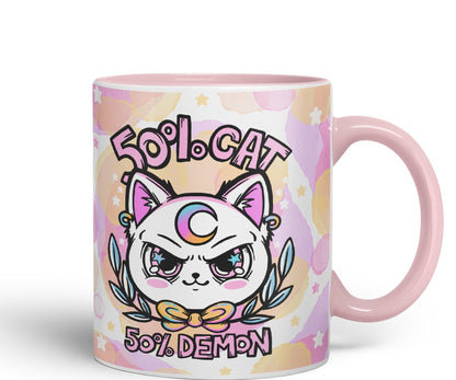 Vixar 50% Cat 50% Demon Cute cat Lovers, Kawaii Joke Coloured Ceramic Mug Cup Gift 330ml 11oz Work Office Tea Coffee