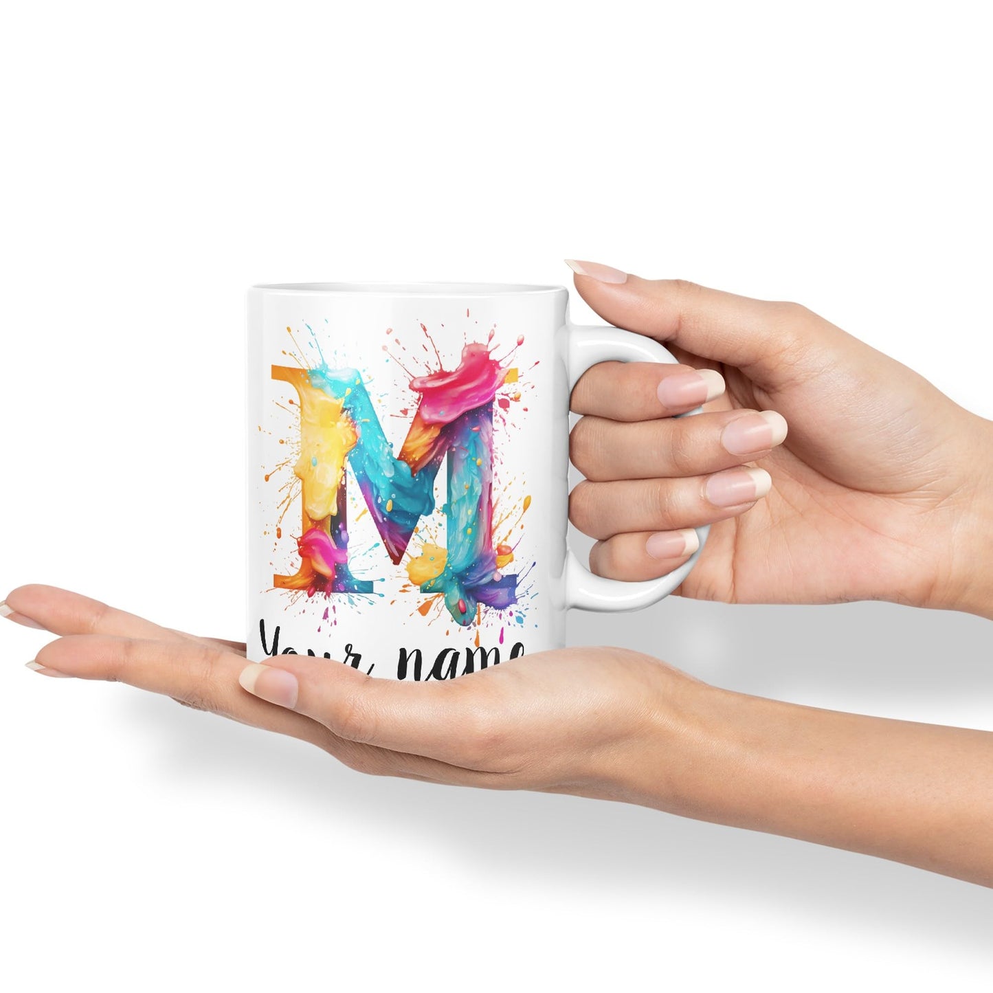 Personalised Letter M mug, Alphabet cusomized custom Letter M Monogram watercolour Ceramic Coloured Mug Cup for Tea Coffee Hot brew 330ml 11Oz Gift