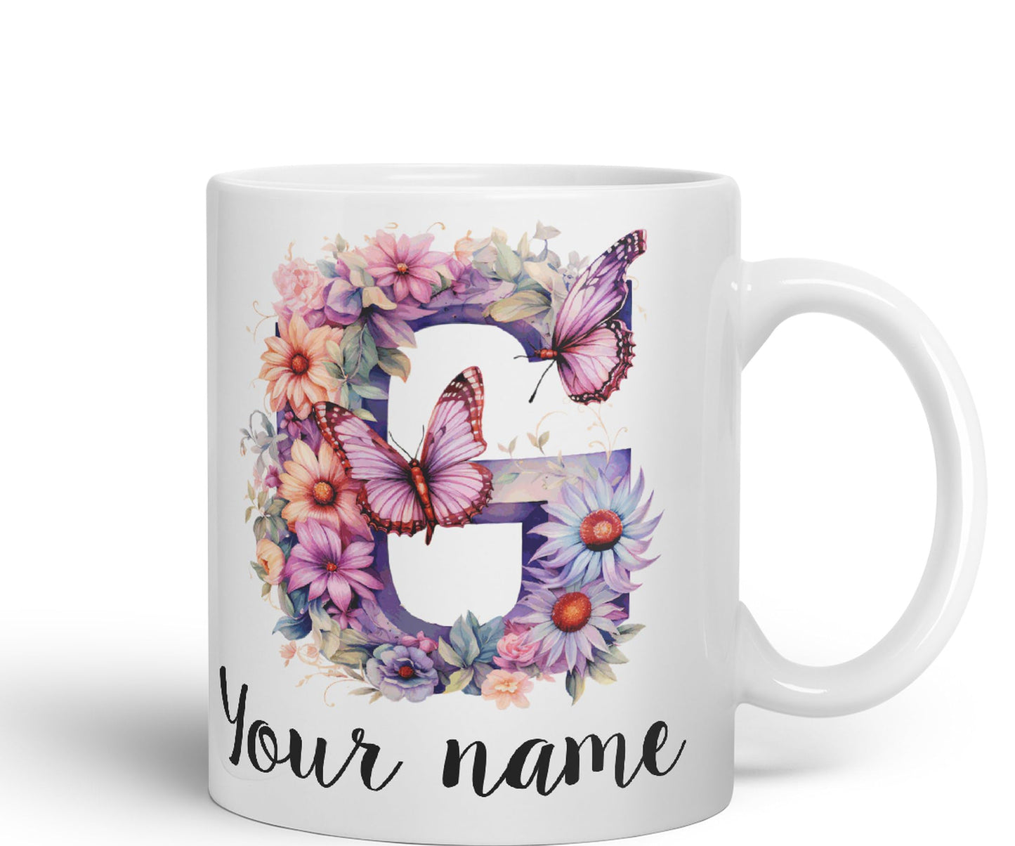 Personalised Letter G mug, Customized Custom Floral flowers butterfly Alphabet Letter G Monogram watercolour Ceramic Coloured Mug Cup for Tea Coffee Hot brew 330ml 11Oz Gift