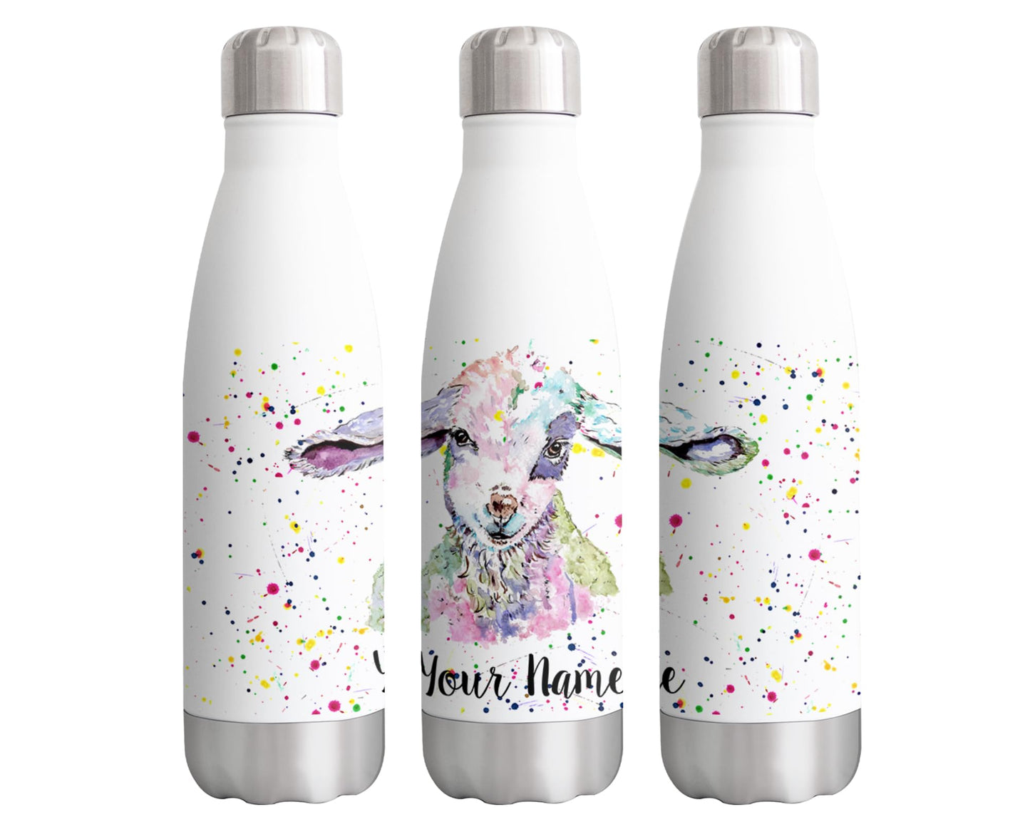 Vixar Lamb baby sheep Personalised Custom Bottle with your Text/name Watercolour Art Farm animal Bottle double Wall insulated Stainless steel sport Drinks 500ml