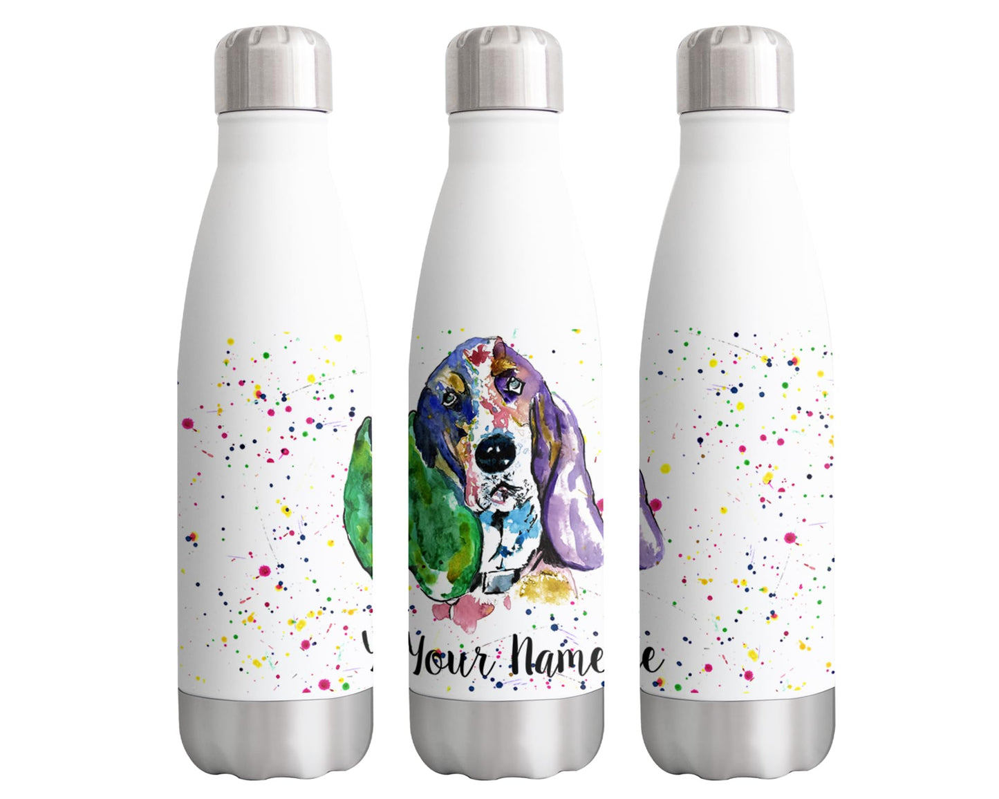 Basset Personalised Custom Bottle with Your Text/Name Dog Hound Pet Watercolour Animals Bottle Double Wall Insulated Stainless Steel Sport Drinks 500ml