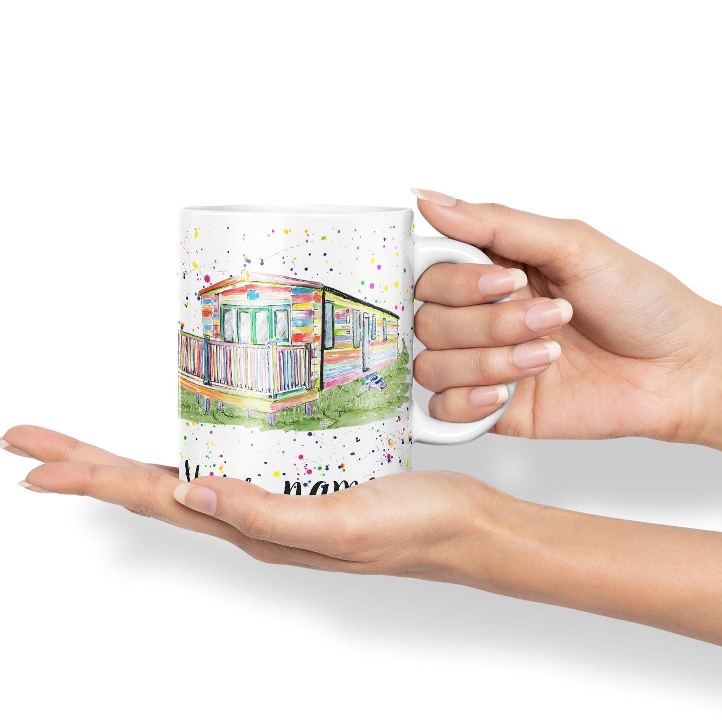 Vixar Personalised with Your Text Watercolour Caravan Static Holiday Homert Coloured Ceramic Mug Cup Gift 330ml 11oz Custom Work Office Tea Coffee